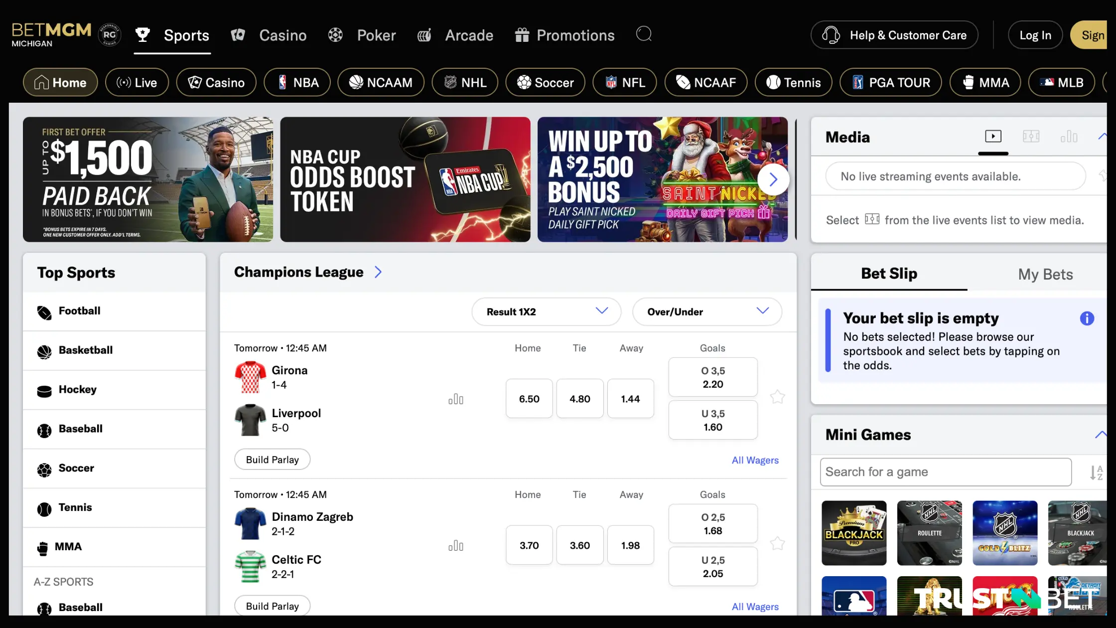 The look and feel of the BetMGM sports betting website and app.