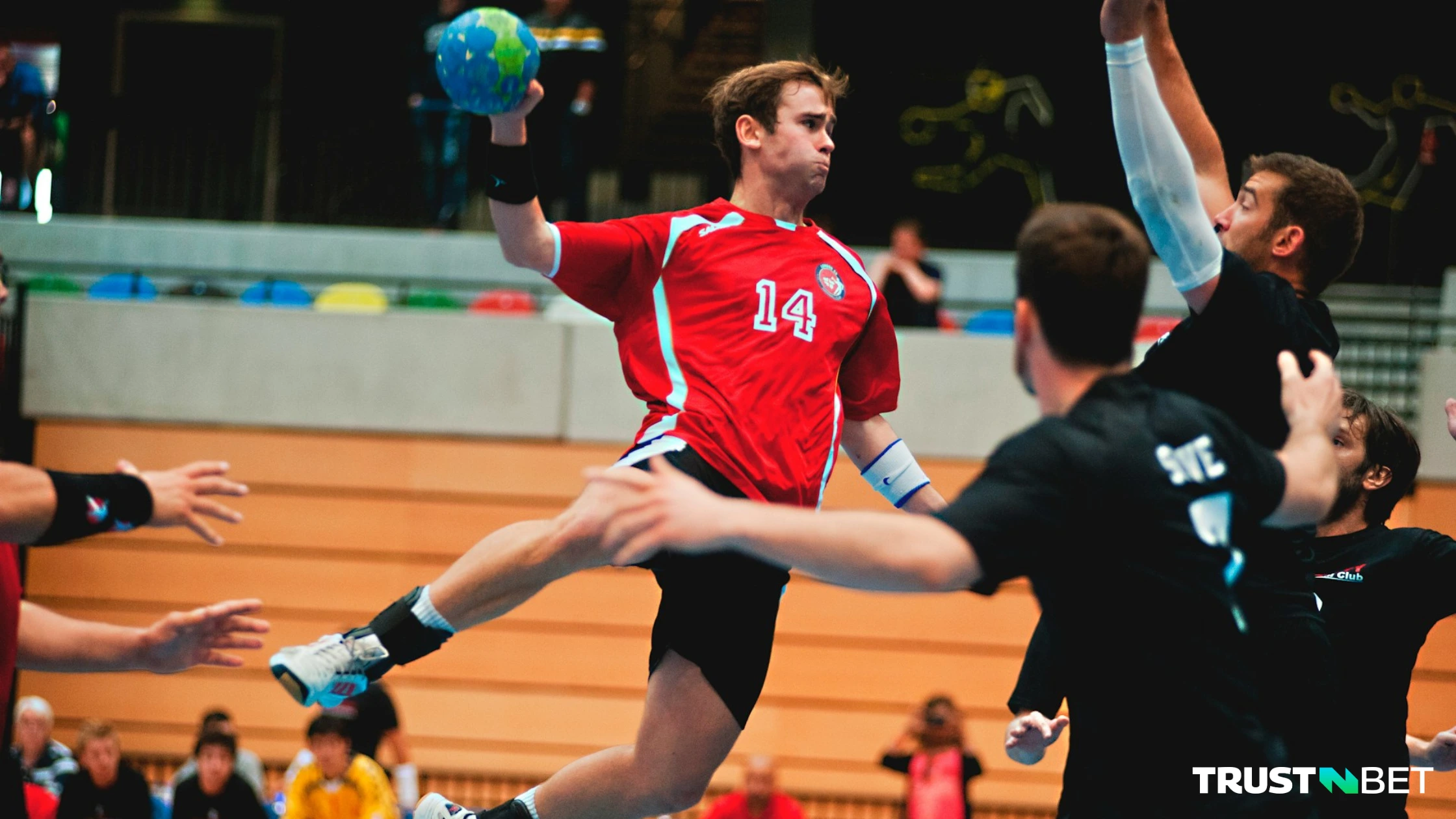 Handball players during a match.